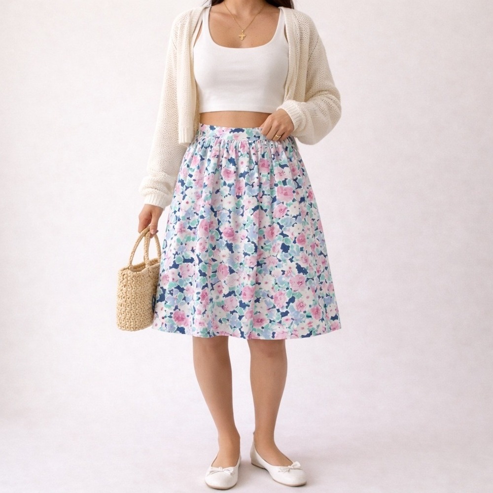 Vintage Floral Midi Skirt Pink Blue Pastel Pockets 9/10 Cottagecore Modern 26"